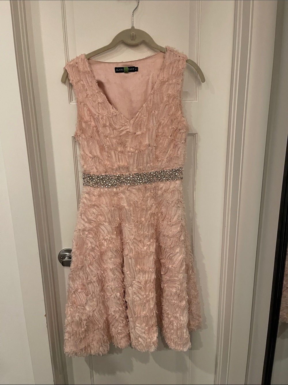 Glam & Leeyant Blush Pink Textured Feather/Fringe Rhinestone Fit & Flare Dress -